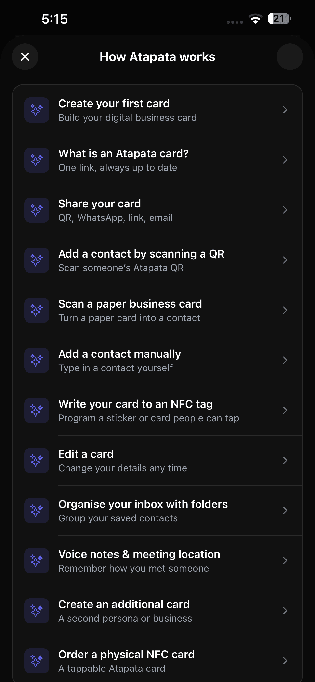 A How Atapata works screen listing guided walkthroughs for creating a card, sharing it, scanning a paper card, writing to an NFC tag, organising the inbox, voice notes and ordering a physical card.