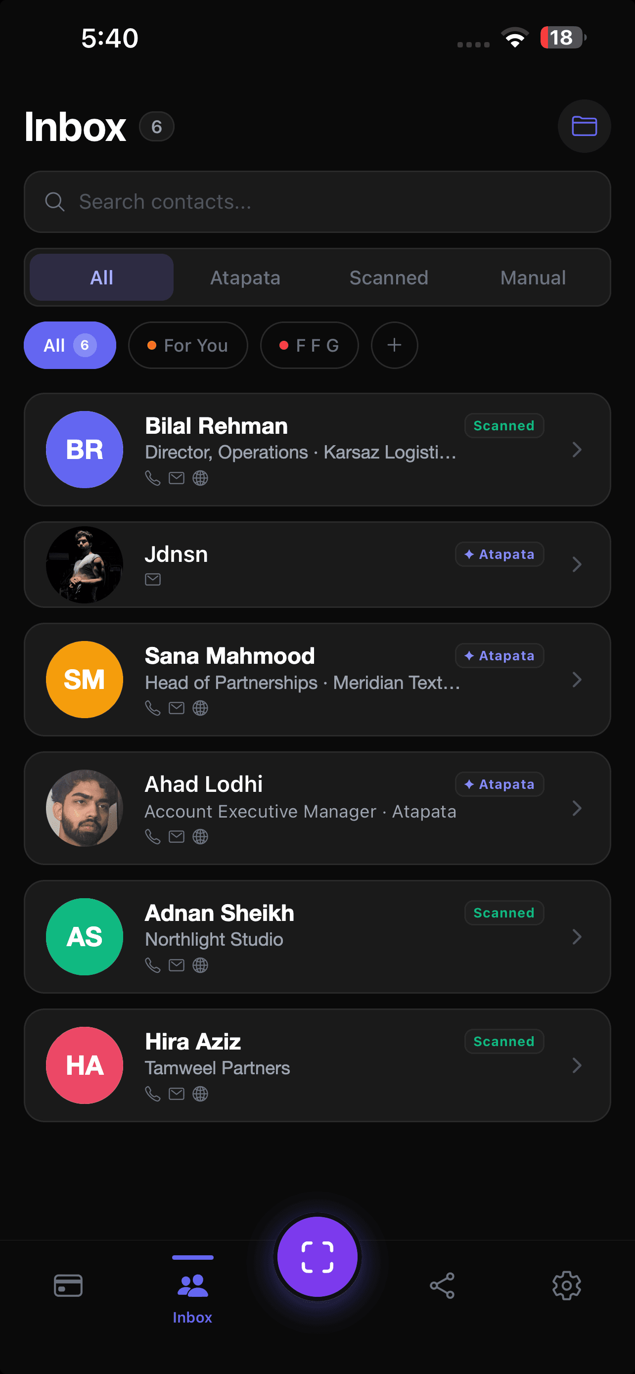 The Atapata contacts inbox, each contact tagged as either scanned or an Atapata profile.