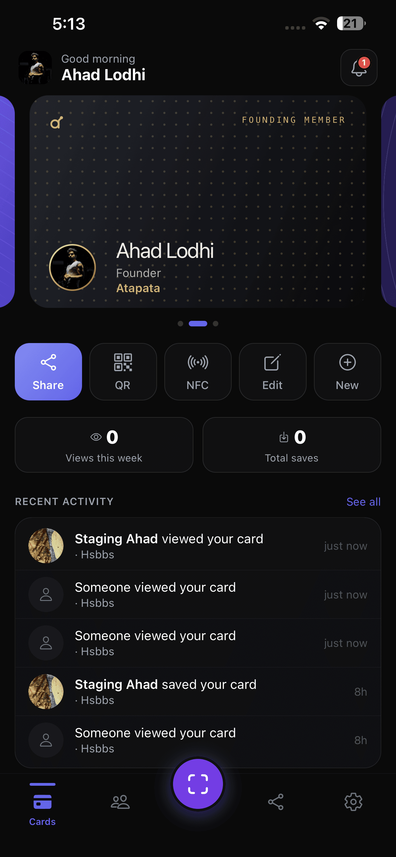 The Atapata card dashboard showing a founding member card with share, QR, NFC and edit actions.