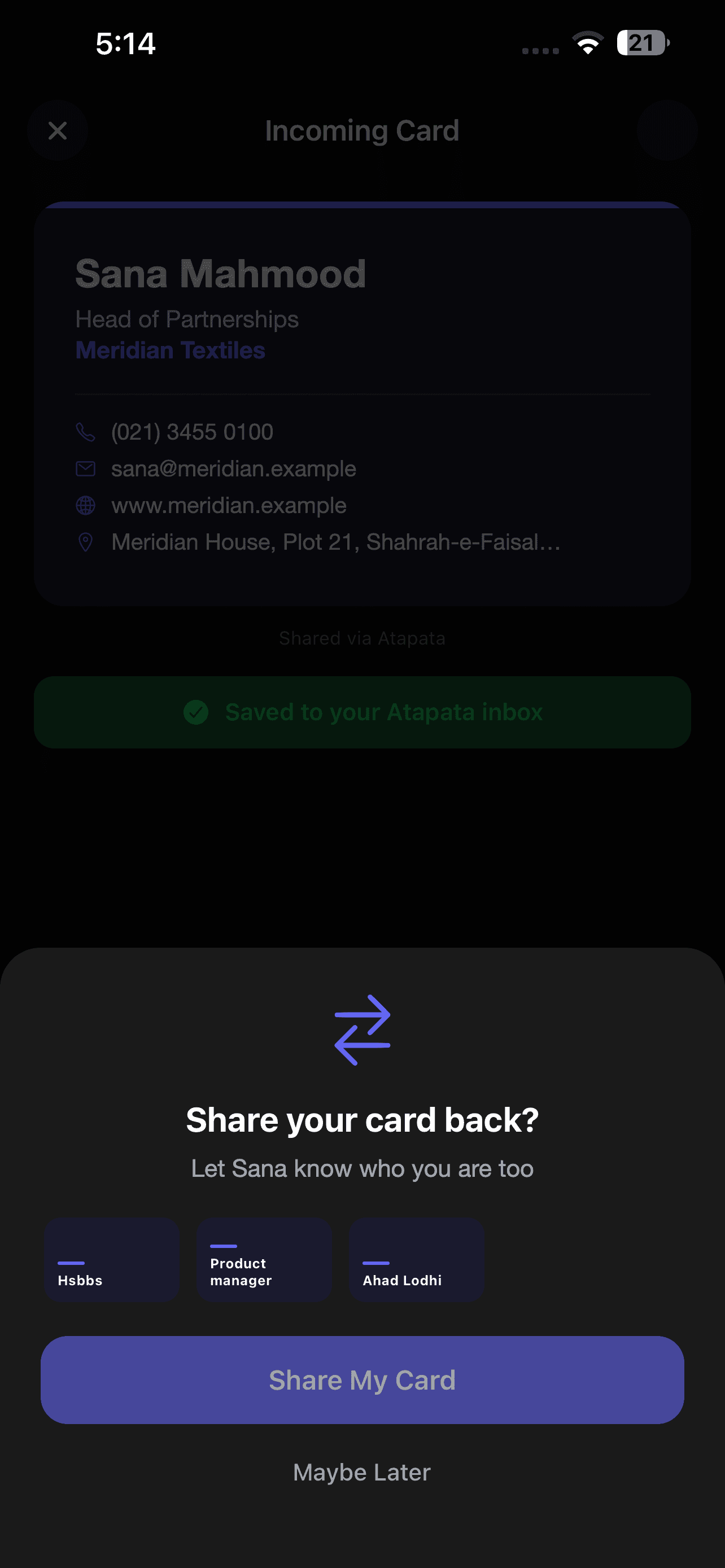 An incoming Atapata card saved to the inbox, with a prompt asking whether to share your own card back.