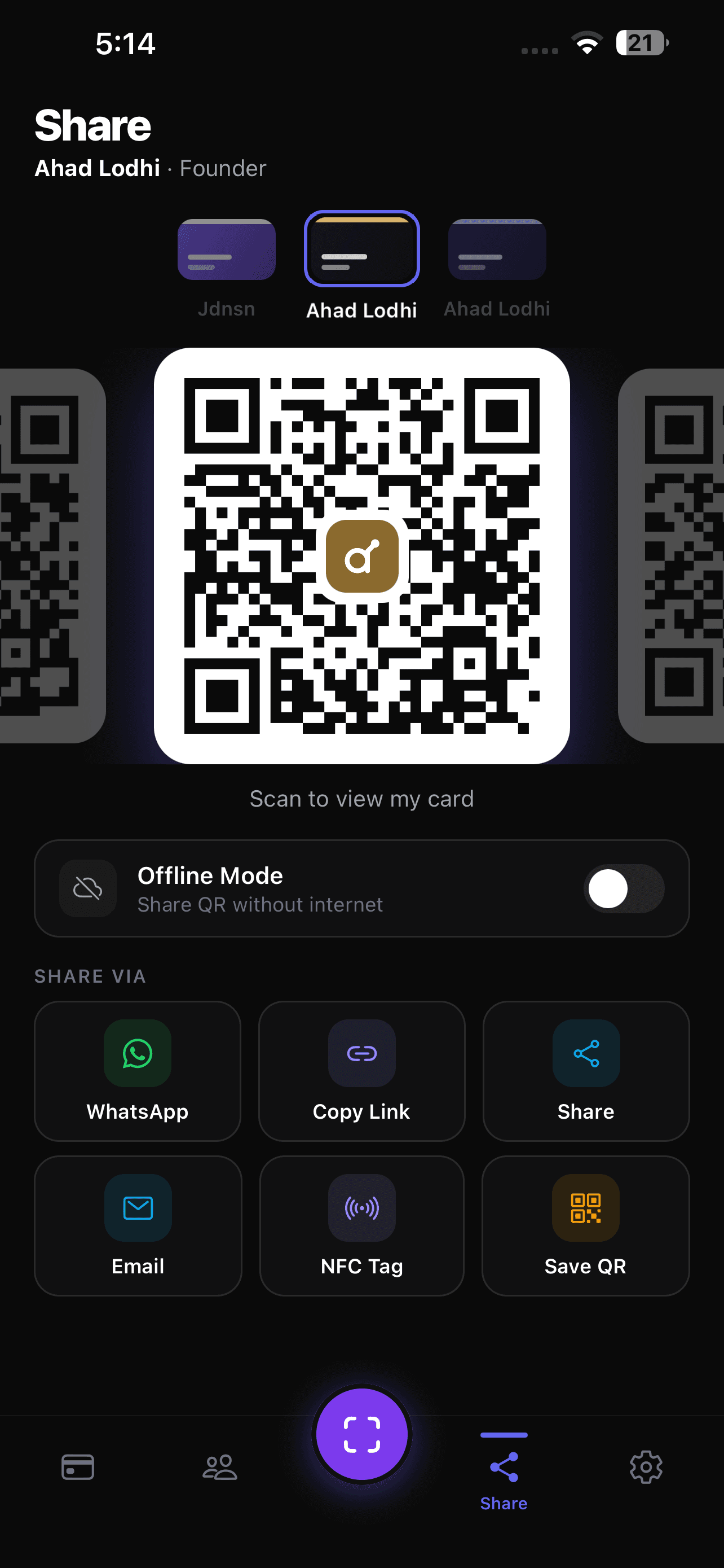 The Atapata share screen showing a large QR code with options to share via WhatsApp, copy link, email, NFC tag or save the QR.