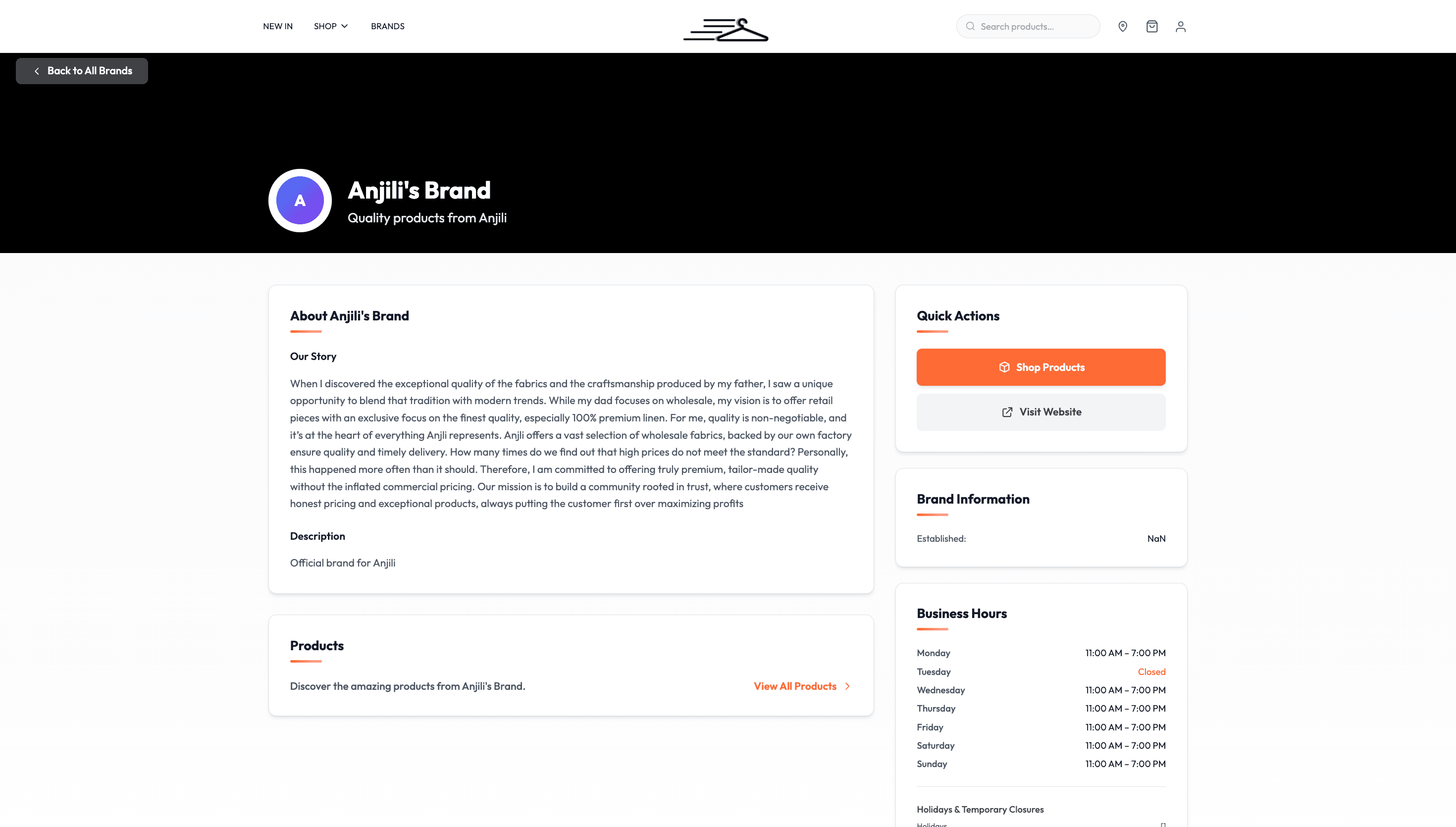 A vendor profile page on StitchGrab showing a brand's story, description, product link, quick actions and a business hours table.