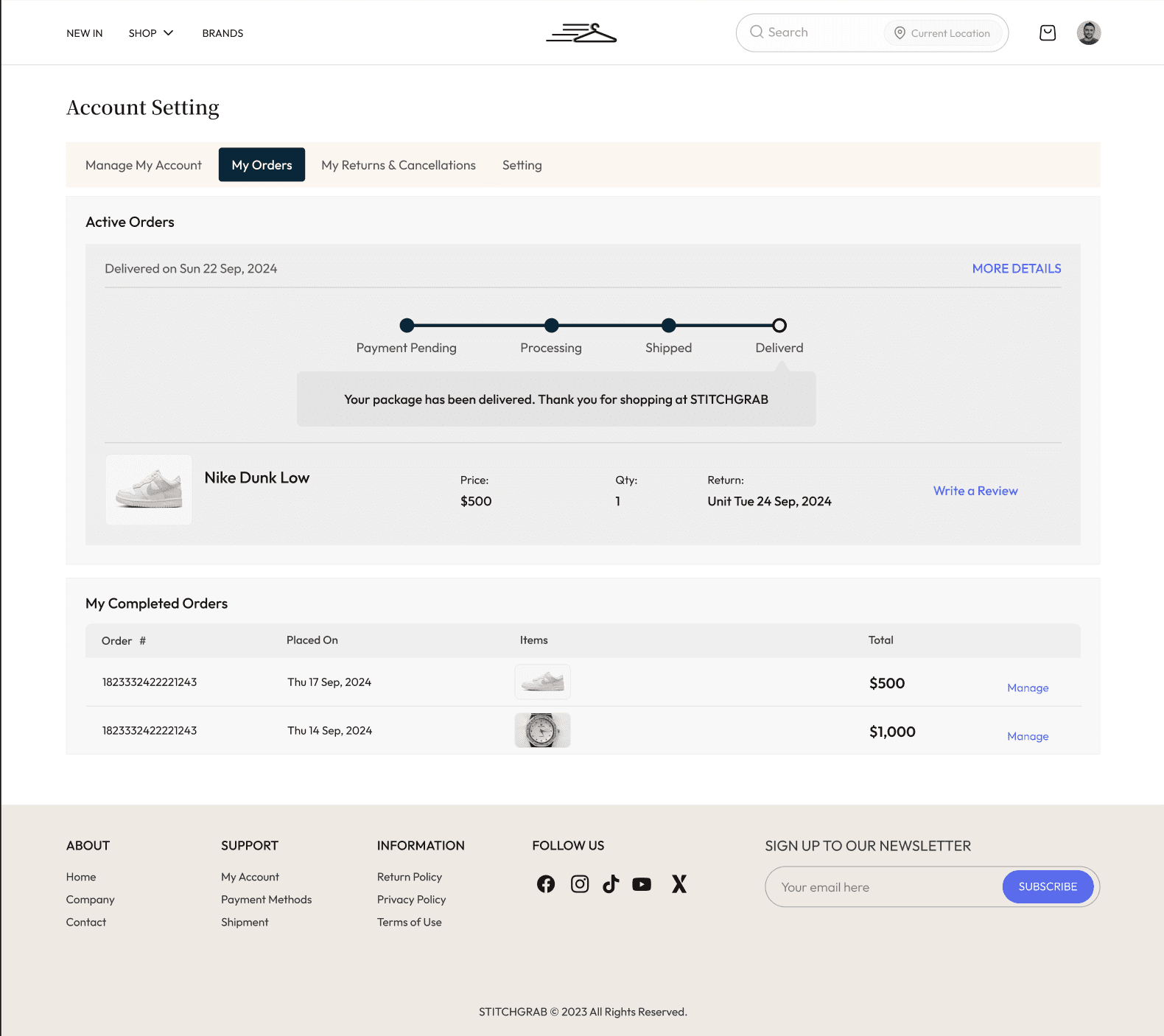 The StitchGrab account settings my orders tab, showing an active order on a payment pending, processing, shipped, delivered timeline, plus a table of completed orders.